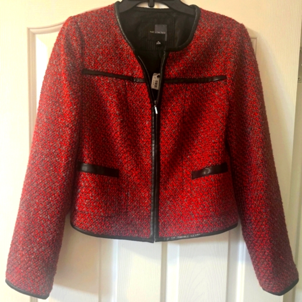 Waist length red & silver-gray tweed jacket with leather accents- Sz M